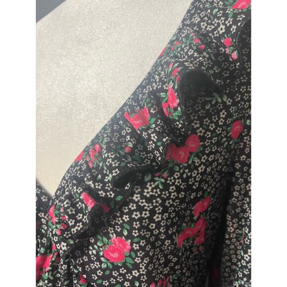 Topshop Woman’s Black Pink Floral V Neck Long Sleeve Ruffle Dress- Size 10 - Picture 10 of 13